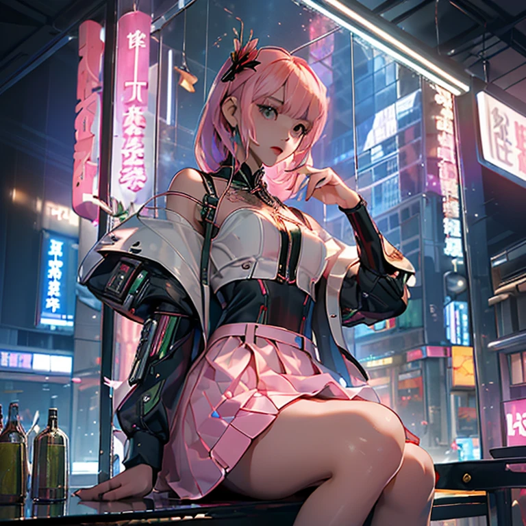 (( top quality )), ((傑 top quality 、masterpiece、High sensitivity、   High Definition   、  detailed description  、 Delicate face )), Slender Woman、glass、  Christmas、  miniskirt 、  cyberpunk、 New Year、 Hair Color Pink 、
