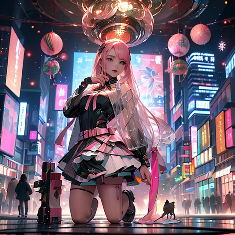 (( top quality )), ((傑 top quality 、masterpiece、High sensitivity、   High Definition   、  detailed description  、 Delicate face )), Slender Woman、glass、  Christmas、  miniskirt 、  cyberpunk、 New Year、 Hair Color Pink 、
