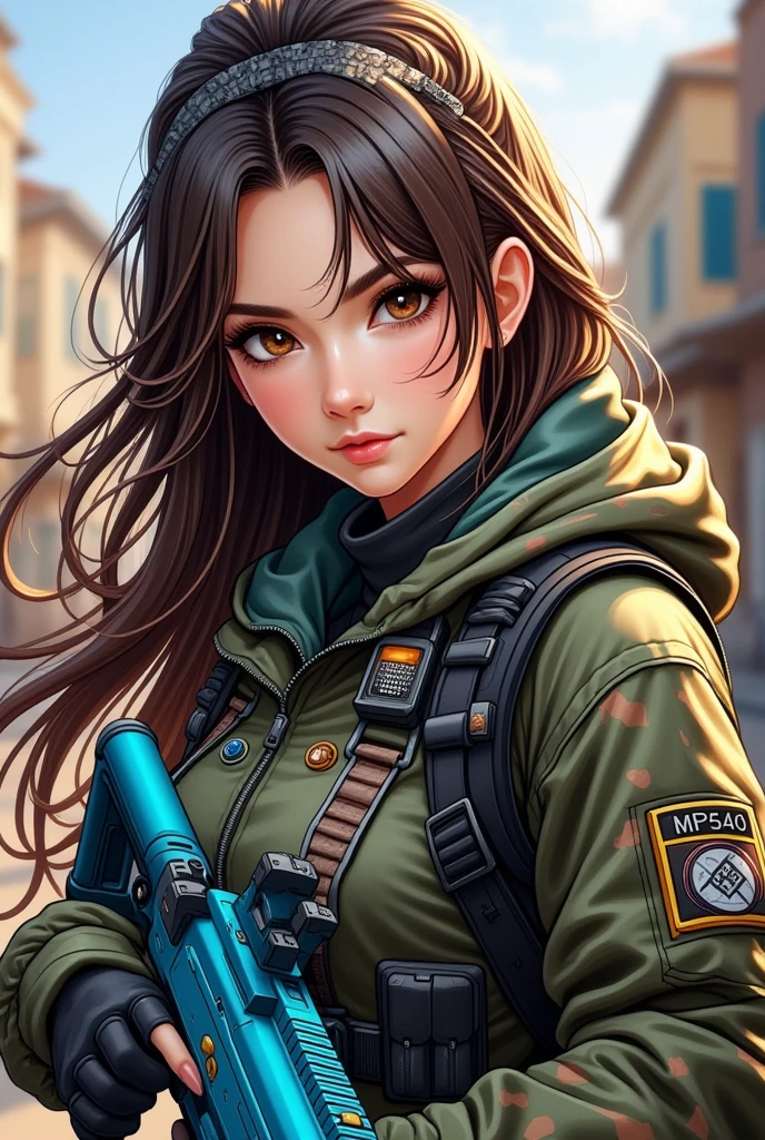  I want a brown-eyed girl , Black eyebrows, Brown Hair.  I want her to look like a battle-type gamer 、Give her a light blue MP40 weapon 、 and draw anime-style full body details and camouflage clothes better。.