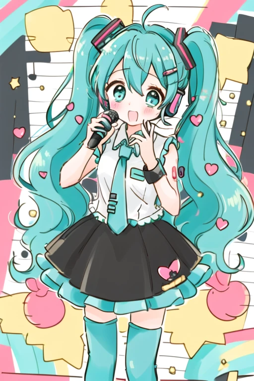 cartoon_stickers, masterpiece, best quality, Alone, 1girl, cute girl, Miku Hatsune ( Hatsune Miku ) - Vocaloida short blue frilly dress, dress ribbon, dress that often reaches just above the knee, ruffles, long beautiful turquois hair, Miku Hatsune, ahoge, aqua eyes, aqua hair, crossed bangs, hair between eyes, hair ornament, headphones, long hair, twin tails, mature female, aqua necktie, thigh boots, tie clip, indoors, stage, stage lights, concert, , audience, singing, looking at viewer, Dutch angle, cowboy shot, cute anime style, black boots, holding a microphone in her hand, blue tiara on her head, singing