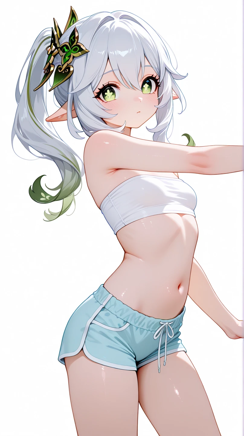 cute girl . Nahida from Genshin Impact, white hair, green eyes, Very kawaii , round face . alone , Slim , small breasts , short and small . shiny skin . Pure white tube top T-shirt . shorts . dynamic poses . dynamic angle . No background , White background , looking at the viewer, 