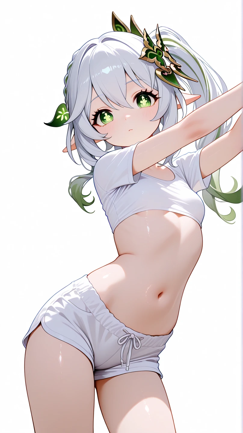 cute girl . Nahida from Genshin Impact, white hair, green eyes, Very kawaii , round face . alone , Slim , small breasts , short and small . shiny skin . Pure white tube top T-shirt . shorts . dynamic poses . dynamic angle . No background , White background , looking at the viewer, 