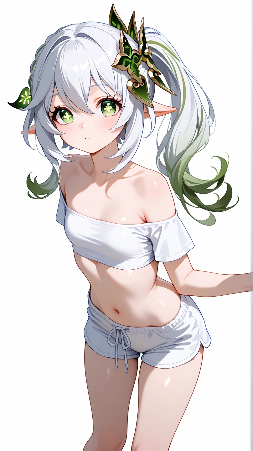 cute girl . Nahida from Genshin Impact, white hair, green eyes, Very kawaii , round face . alone , Slim , small breasts , short and small . shiny skin . Pure white tube top T-shirt . shorts . dynamic poses . dynamic angle . No background , White background , looking at the viewer, 