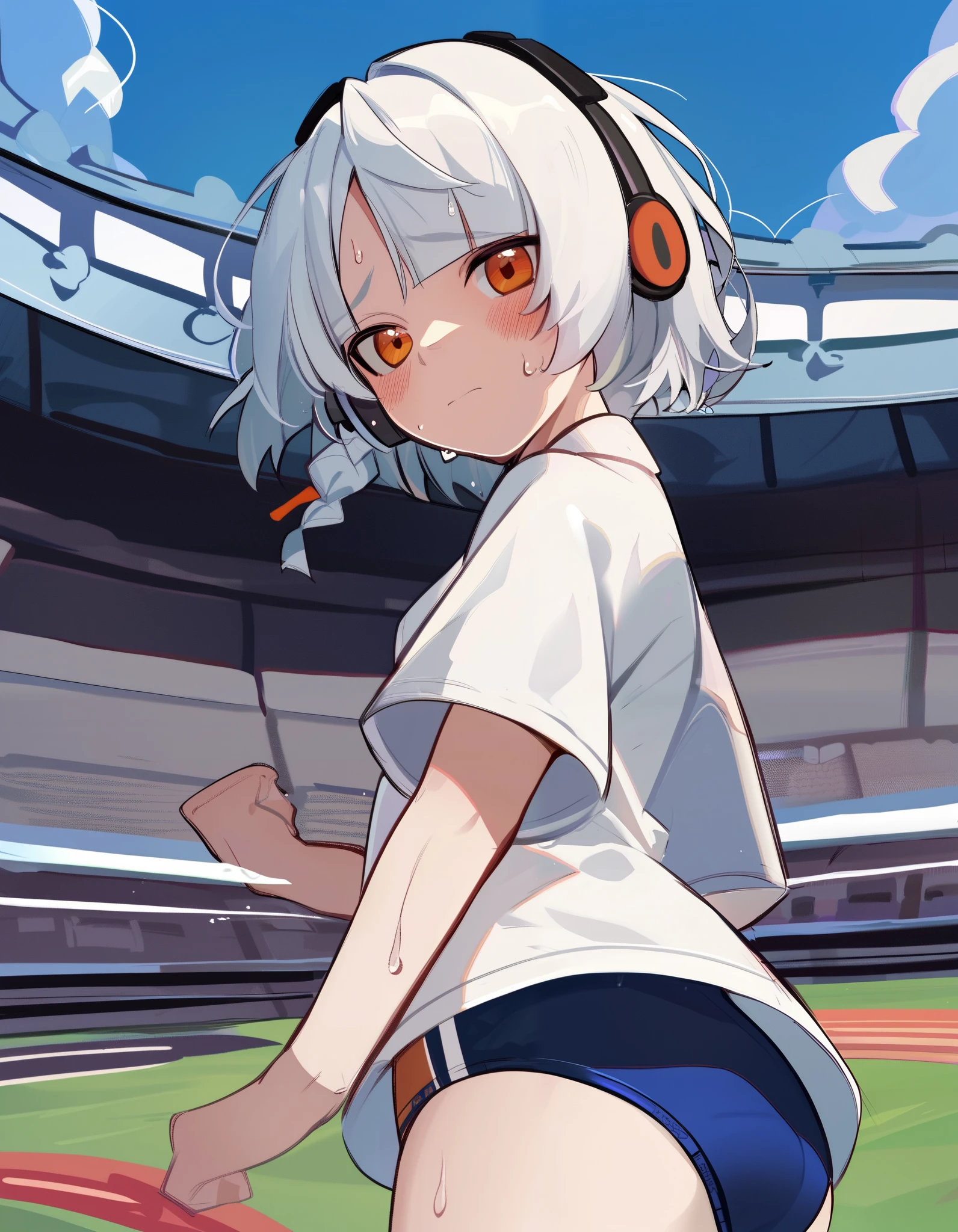 score_9, score_8_up, score_7_up, score_6_up, score_5_up, score_4_up, BREAK source_anime, 1girl, solo, outdoors, stadium, cowboy shot, standing, looking at viewer, anby, orange eyes, white hair, blunt bangs, short hair, side braid, headphones, white shirt, short sleeves, gym unifom, buruma, thighs, sweat, embarrassed, blush