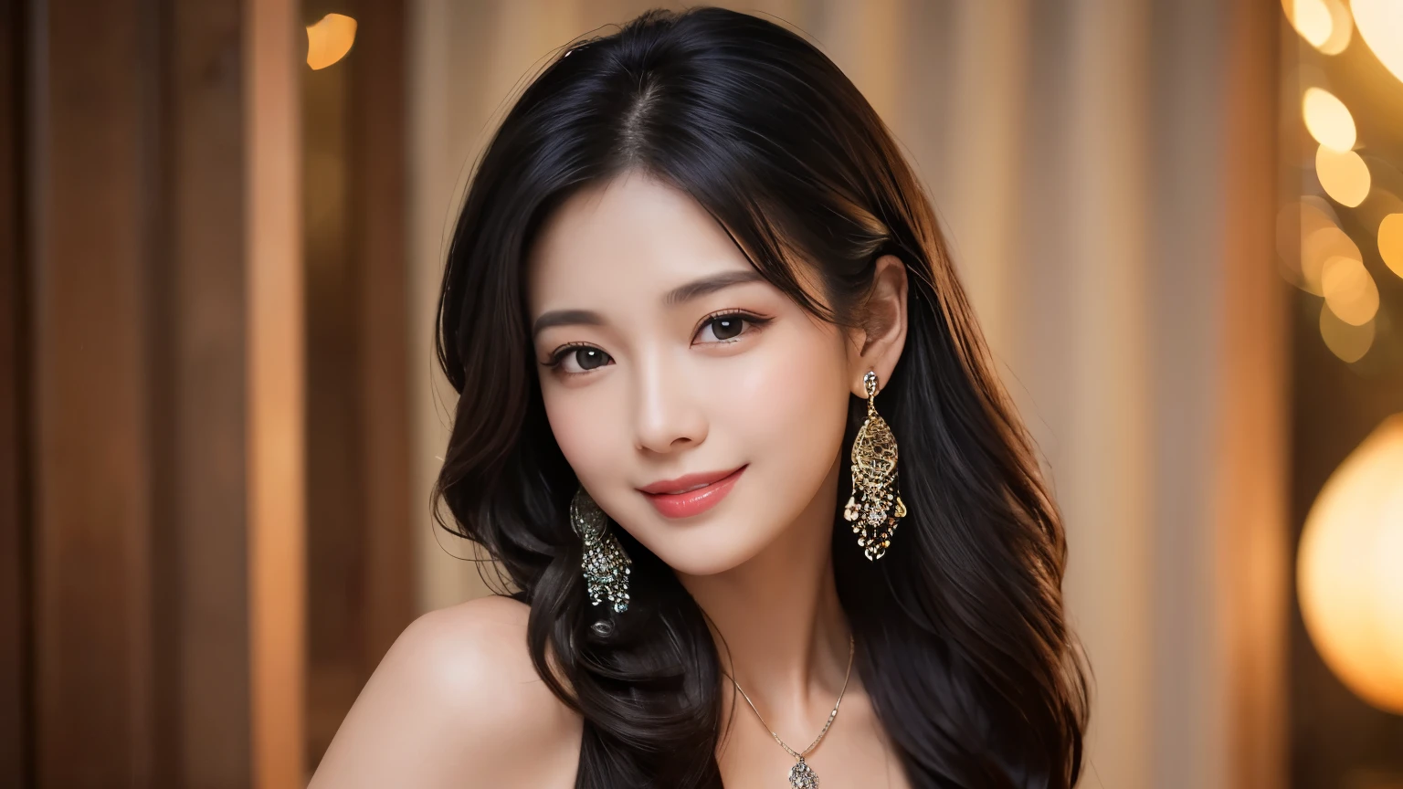 highest quality、4K、Perfect Face、Perfect Style、Sunburn、Long Layer Hair、beautiful、stylish appeal、Mature、Curly Hair、Swept-back hair、black dress、dinner、Charming smile、