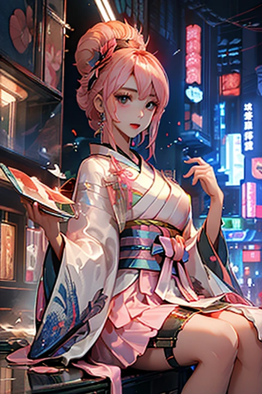 (( top quality )), ((傑 top quality 、masterpiece、High sensitivity、   High Definition   、  detailed description  、 Delicate face )), Slender Woman、glass、  New Year、 Mini skirt kimono 、  cyberpunk、 Hair Color Pink 、
