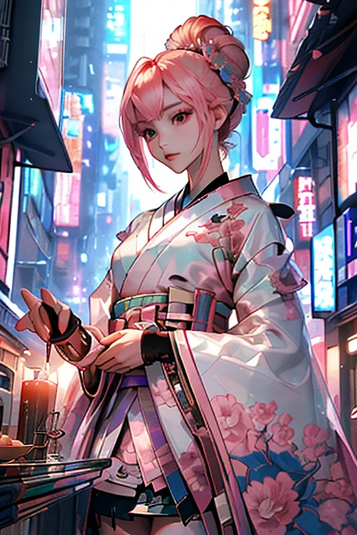 (( top quality )), ((傑 top quality 、masterpiece、High sensitivity、   High Definition   、  detailed description  、 Delicate face )), Slender Woman、glass、  New Year、 Mini skirt kimono 、  cyberpunk、 Hair Color Pink 、
