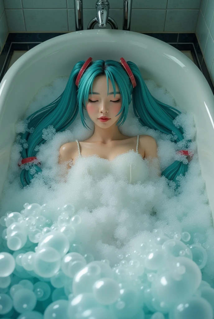 (masterpiece、 top quality 、 top quality 、 Official Art、 beautiful beautiful:1.2)、(1 person:1.3) Hatsune Miku 、 twin tails, Beautiful breasts , professional photoshoot,  realistic ,  Wong Ka-wai ,  taken from above of an Asian woman lying in the bathtub,  she has long disheveled hair , She is taking a bath,  she has beautiful makeup , A bathtub full of bubbles , A picture of bubbles flying in the foreground , SFW censored with soap bubbles,  complicated details