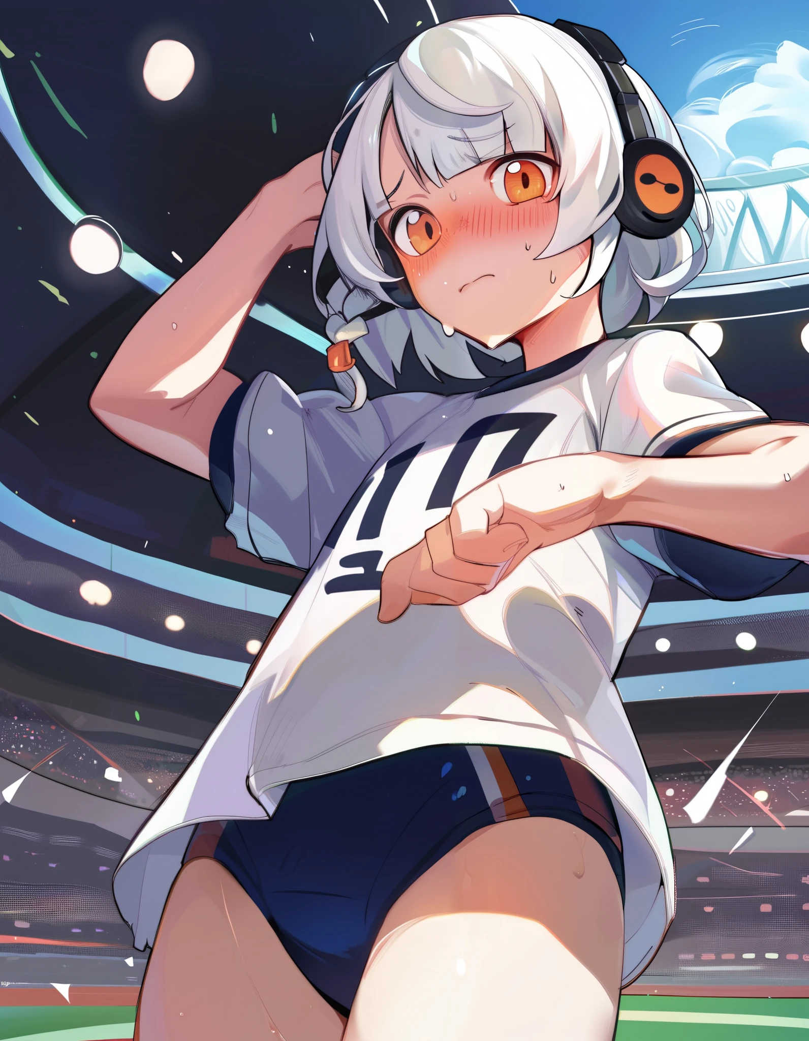 score_9, score_8_up, score_7_up, score_6_up, score_5_up, score_4_up, BREAK source_anime, 1girl, solo, outdoors, stadium, cowboy shot, standing, looking at viewer, anby, orange eyes, white hair, blunt bangs, short hair, side braid, headphones, white shirt, short sleeves, gym unifom, buruma, thighs, sweat, embarrassed, blush