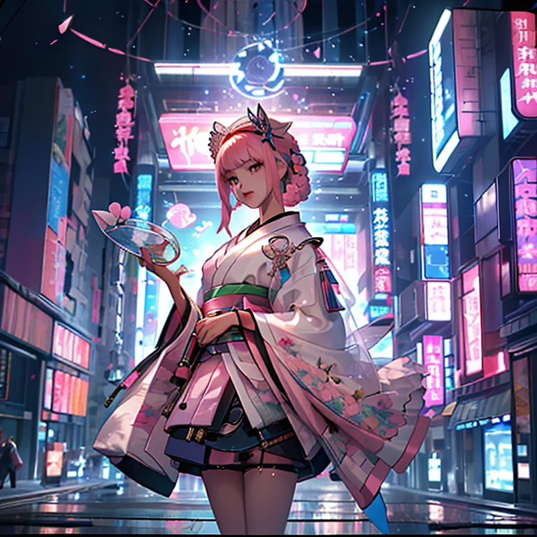 (( top quality )), ((傑 top quality 、masterpiece、High sensitivity、   High Definition  、  detailed description  、 Delicate face )), Slender Woman、glass、  New Year、 Mini skirt kimono 、  cyberpunk、 Hair Color Pink 、
