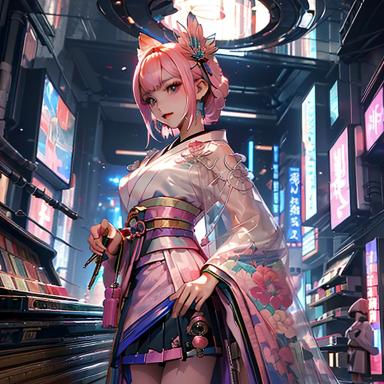 (( top quality )), ((傑 top quality 、masterpiece、High sensitivity、   High Definition   、  detailed description  、 Delicate face )), Slender Woman、glass、  New Year、 Mini skirt kimono 、  cyberpunk、 Hair Color Pink 、
