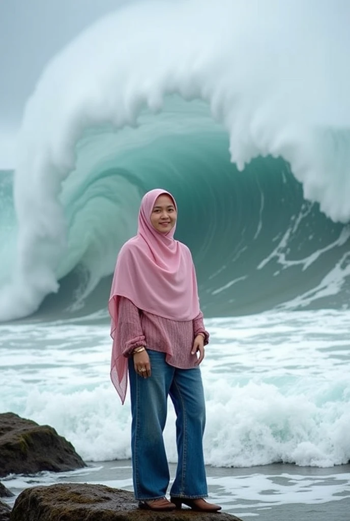 photography, realistic, an Indonesian woman ((35 years old, chubby cheeks, wearing a hijab, a pink long-sleeved sweater, blue jeans)), the woman is standing, face visible, smiling, on the rocks in the middle of the sea, behind the woman are very large waves as high as a house rolling, the photo looks very dramatic, ultra HD, intricate details