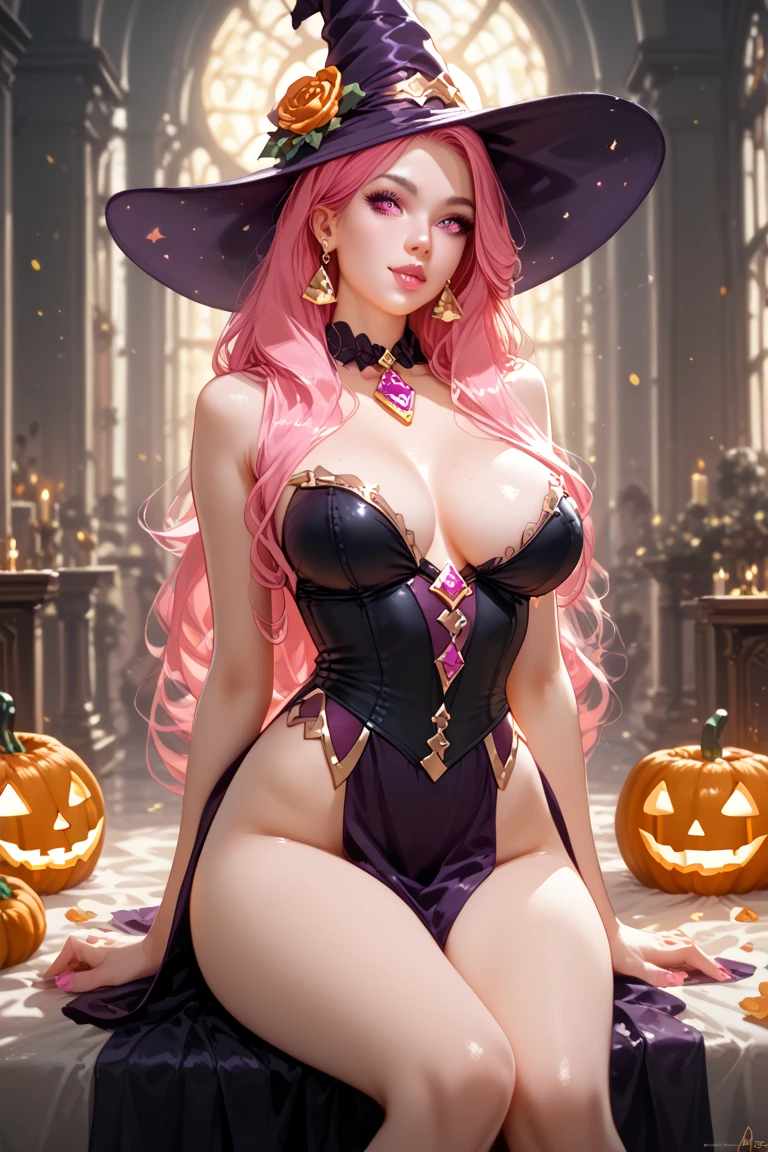 A very beautiful little witch with pink hair and pink eyes very big and busty at a very laciva Halloween party a divine perfection sitting with her legs open