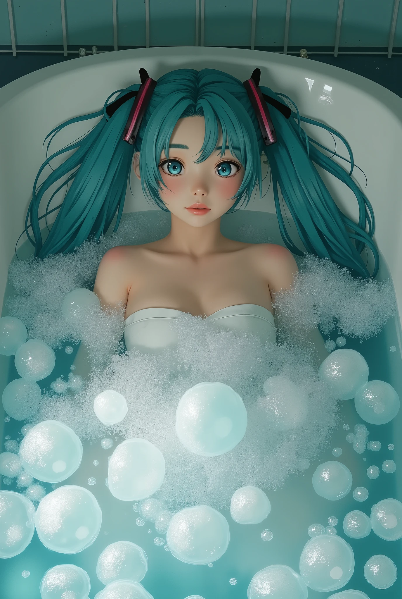 (masterpiece、 top quality 、 top quality 、 Official Art、 beautiful beautiful:1.2)、(1 person:1.3) Hatsune Miku 、 twin tails, Beautiful breasts , professional photoshoot,  realistic ,  Wong Ka-wai ,  taken from above of an Asian woman lying in the bathtub,  she has long disheveled hair , She is taking a bath,  she has beautiful makeup , A bathtub full of bubbles , A picture of bubbles flying in the foreground , SFW censored with soap bubbles,  complicated details