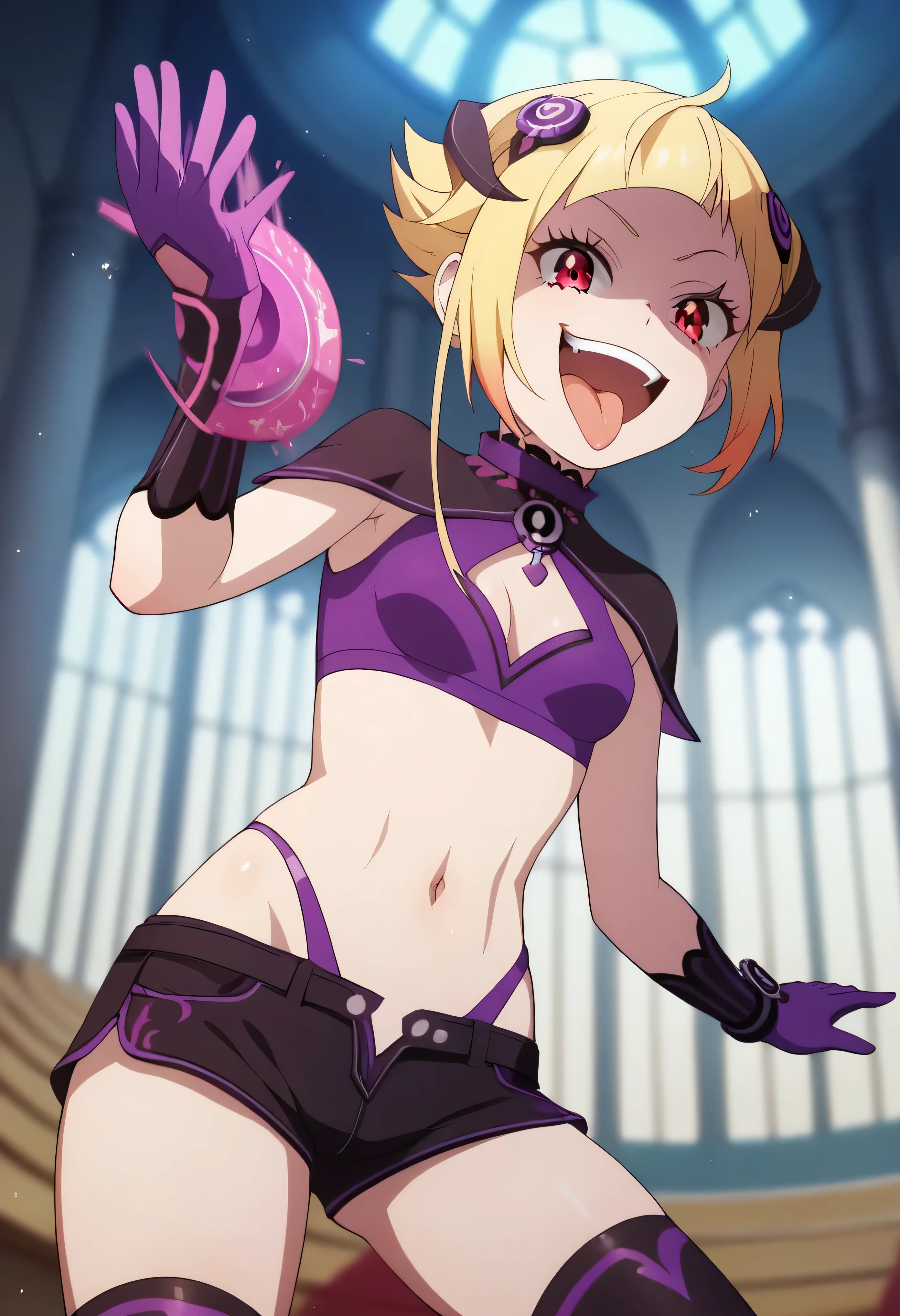 masterpiece, best quality, good quality, newest, CEL, AnFit, red eyes, blonde hair, purple crop top, 1girl, tongue out, black thighhighs, looking at viewer, purple gloves, cowboy shot, short shorts, black shorts, small breasts, highleg panties, hair ornament, , underwear, hand up, panty straps, smile, cleavage cutout, , open mouth, purple panties, two-tone , pink gloves, sidelocks, outline1girl, blonde hair,masterpiece , best quality, , lookin under, ,, smile, purple brassiere, from below,too evil laugh, small girl,small loli,beautiful body,villain pose,short hair,shaded face(eyes in shadow),1girl,violence,attack,kick,evil darkness background,five fingers,