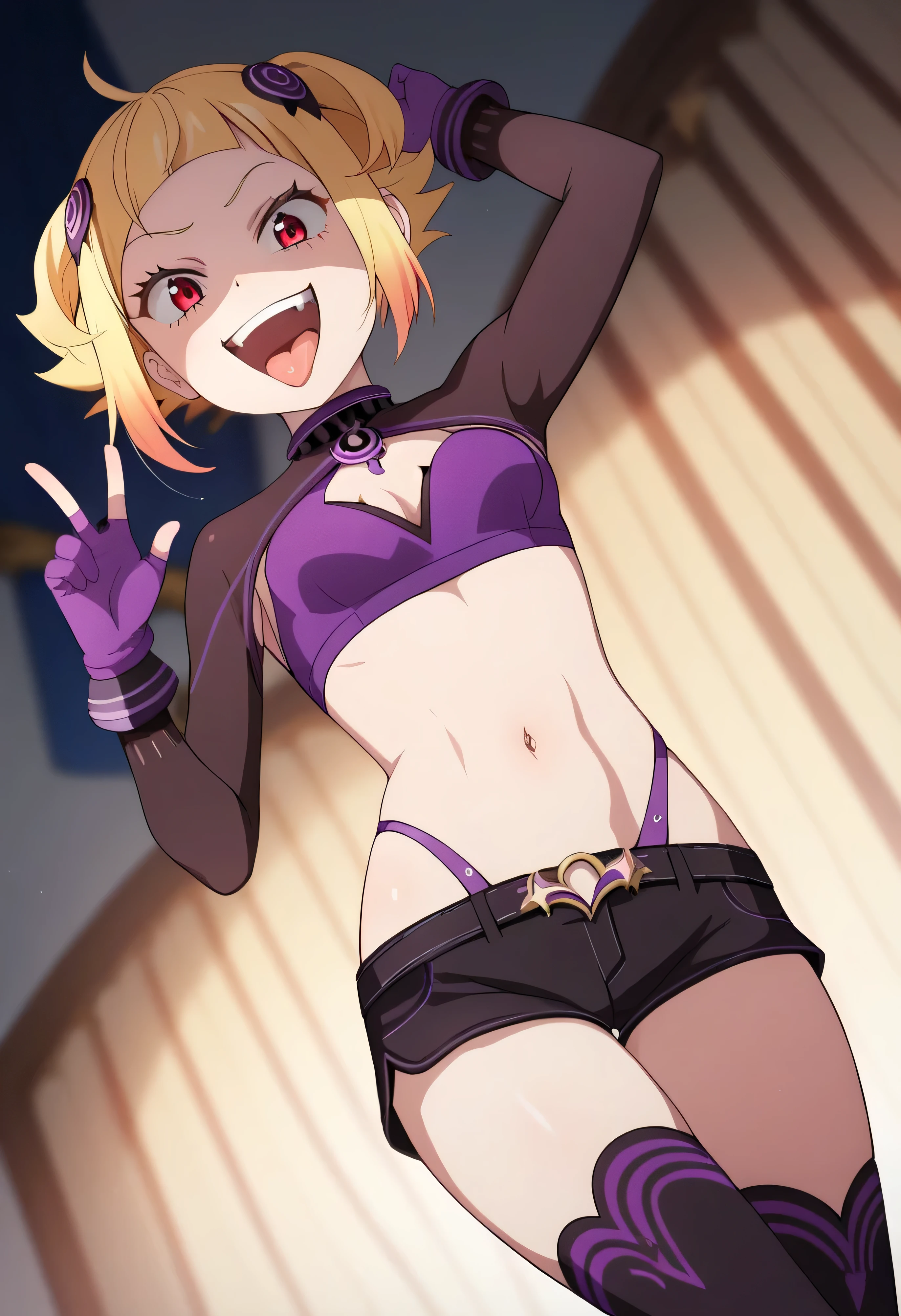 masterpiece, best quality, good quality, newest, CEL, AnFit, red eyes, blonde hair, purple crop top, 1girl, tongue out, black thighhighs, looking at viewer, purple gloves, cowboy shot, short shorts, black shorts, small breasts, highleg panties, hair ornament, , underwear, hand up, panty straps, smile, cleavage cutout, , open mouth, purple panties, two-tone , pink gloves, sidelocks, outline1girl, blonde hair,masterpiece , best quality, , lookin under, ,, smile, purple brassiere, from below,too evil laugh, small girl,small loli,beautiful body,villain pose,short hair,shaded face(eyes in shadow),1girl,violence,attack,kick,evil darkness background,five fingers,