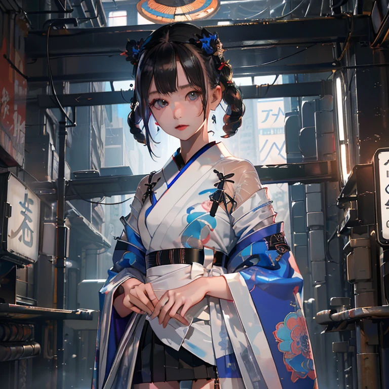 (( top quality )), ((傑 top quality 、masterpiece、High sensitivity、   High Definition   、  detailed description  、 Delicate face )), Slender Woman、glass、  New Year、 Mini skirt kimono 、  cyberpunk、The letters （myo） are written on the fan。
