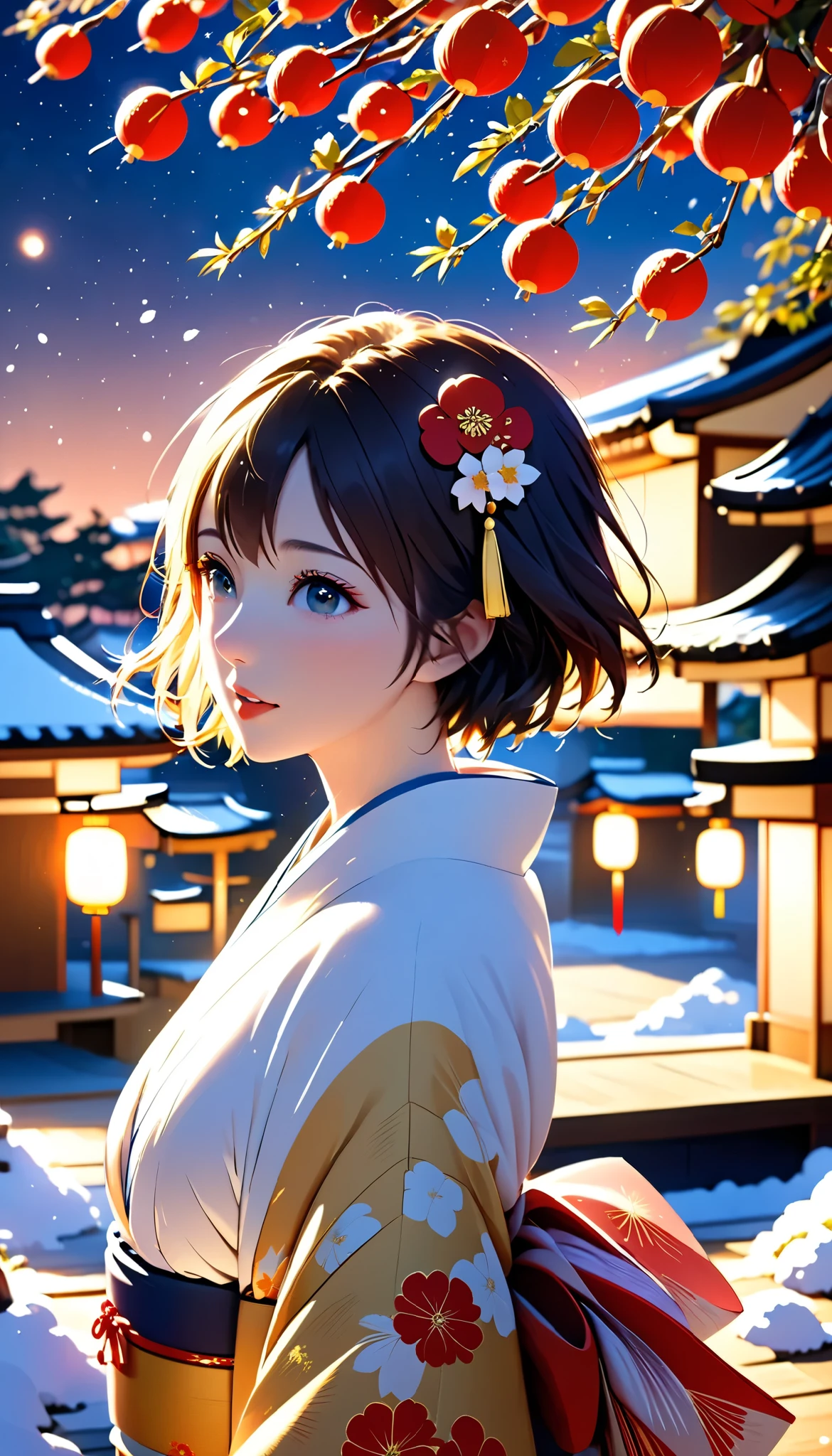 masterpiece, high res, illustration, Kyoto animation style, movie style: your name, night , mid night , Gentle Light, Fascinating Light, (1 female: 1.3), (Alone: 1.4), has long eyelashes, short bob, nose_, open_mouth, futon, , kimono,  , Kirarhythm, dynamic perspective, perspective, Bokeh, Depth_of_Field, from_ Down, (natural breasts:1.2), (Uplifted and well-defined bust:1.2), new year, hatsumode, (Japanese traditional new year decorations, heavy snow:1.3)