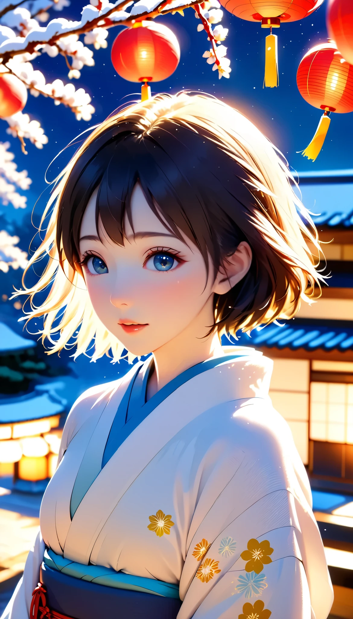 masterpiece, high res, illustration, Kyoto animation style, movie style: your name, night , mid night , Gentle Light, Fascinating Light, (1 female: 1.3), (Alone: 1.4), has long eyelashes, short bob, nose_, open_mouth, futon, , kimono,  , Kirarhythm, dynamic perspective, perspective, Bokeh, Depth_of_Field, from_ Down, (natural breasts:1.2), (Uplifted and well-defined bust:1.2), new year, hatsumode, (Japanese traditional new year decorations, heavy snow:1.3)