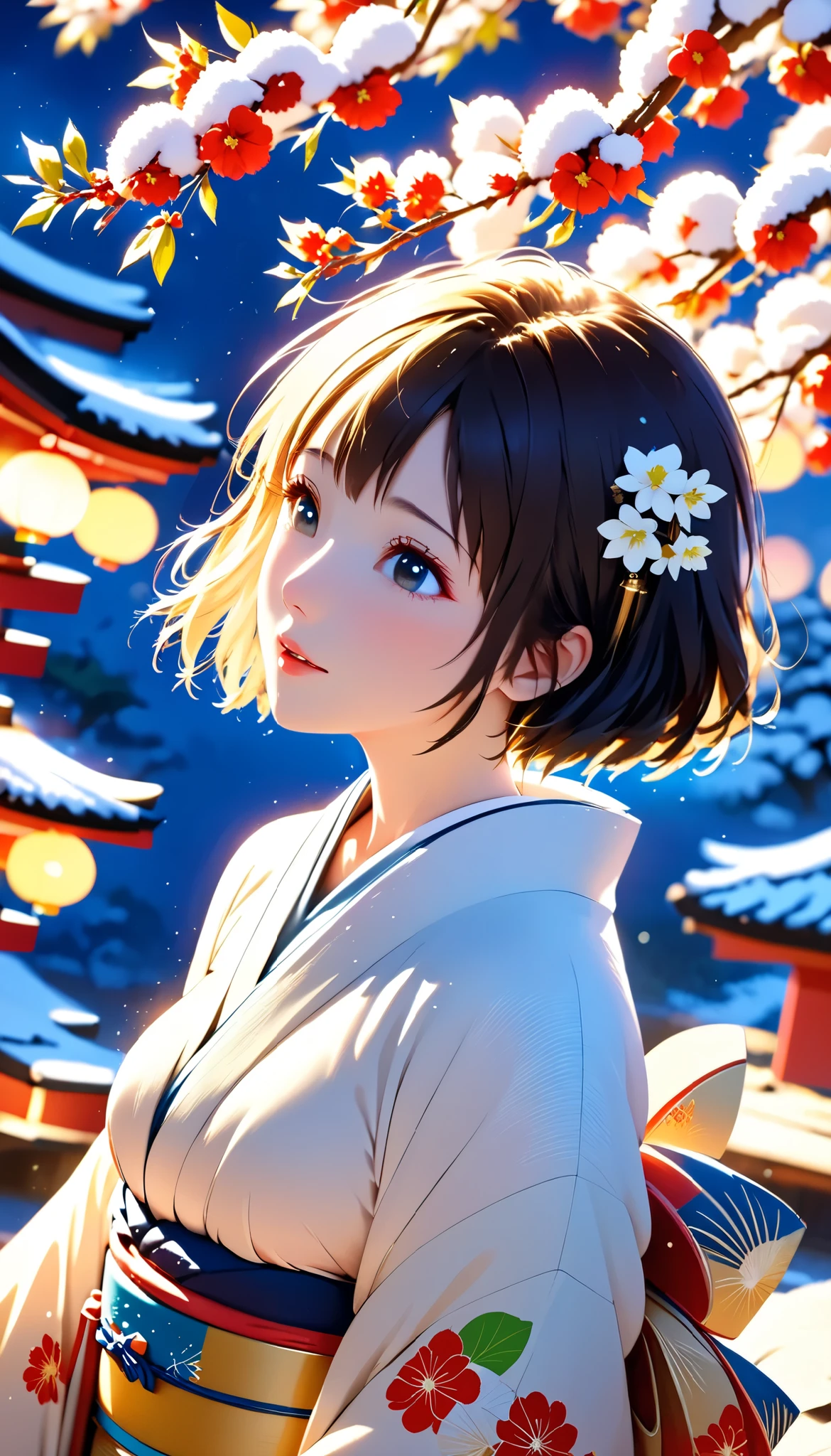 masterpiece, high res, illustration, Kyoto animation style, movie style: your name, night , mid night , Gentle Light, Fascinating Light, (1 female: 1.3), (Alone: 1.4), has long eyelashes, short bob, nose_, open_mouth, futon, , kimono,  , Kirarhythm, dynamic perspective, perspective, Bokeh, Depth_of_Field, from_ Down, (natural breasts:1.2), (Uplifted and well-defined bust:1.2), new year, hatsumode, (Japanese traditional new year decorations, heavy snow:1.3)