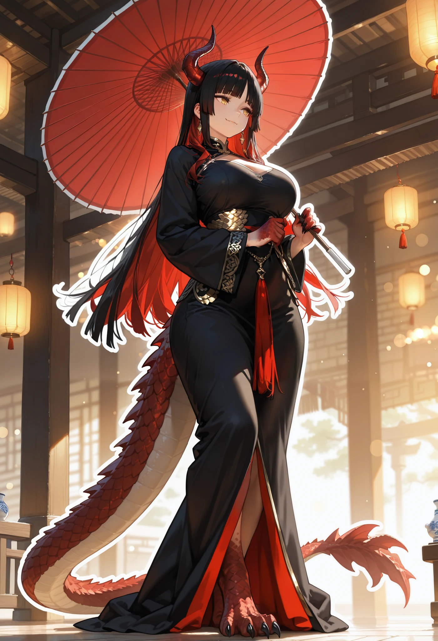 (masterpiece, best quality, high quality, highres, ultra-detailed), 1girl, hime cut bangs hair, two tone hair, crimson red hair, black hair, mature woman, dragon lady, golden eyes, mature and calm expression, dragon tail, fangs, dragon horns, sharp claws, red scales, scaled thigs, white outline skin, dragon legs, dragon feet, scaly skin, dragon ears, full dragon hands, sharp claw hands, hard scales, black top, porcelain skin, black traditional dress, beautiful lighting, bokeh, light smile, red scales hand, closed mouth, looking away, holding traditional parasol, illustration style, chinese oil painting style, sorrow style, white outline, standing