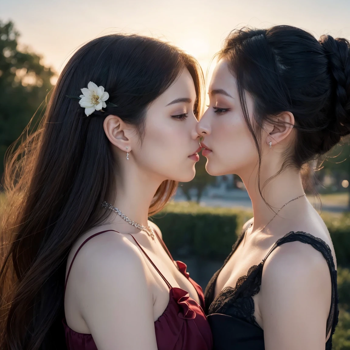 Sexy woman being kissed on the neck by a young boy