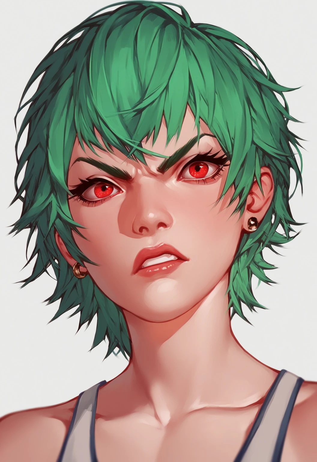 A  with short pointed green hair and red eyes and an angry face