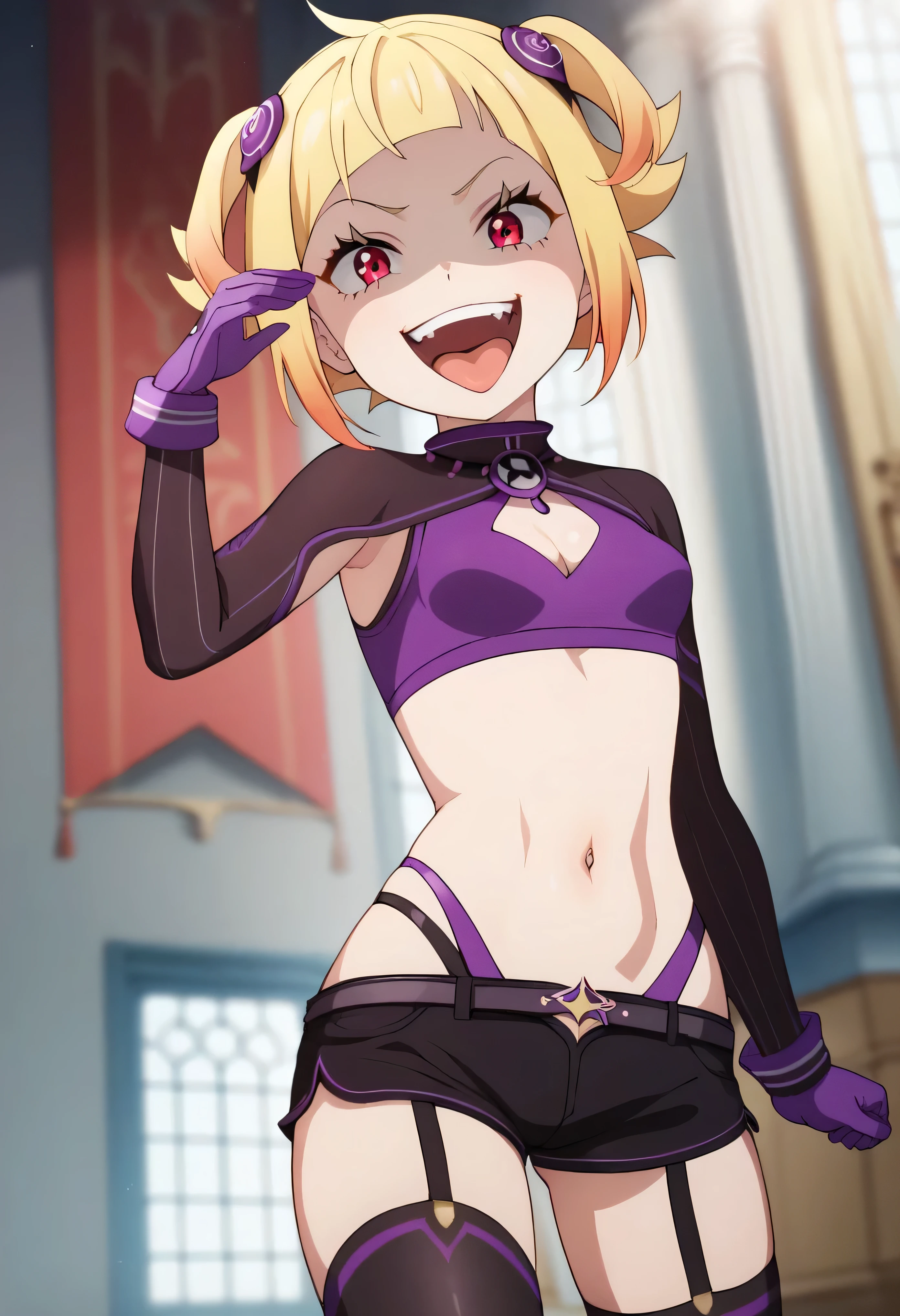 masterpiece, best quality, good quality, newest, CEL, AnFit, red eyes, blonde hair, purple crop top, 1girl, tongue out, black thighhighs, looking at viewer, purple gloves, cowboy shot, short shorts, black shorts, small breasts, highleg panties, hair ornament, , underwear, hand up, panty straps, smile, cleavage cutout, , open mouth, purple panties, two-tone , pink gloves, sidelocks, outline1girl, blonde hair,masterpiece , best quality, , lookin under, ,, smile, purple brassiere, from below,too evil laugh, ,small loliul body,villain pose,short hair,shaded face(eyes in shadow),1girl,violence,attack,kick,evil darkness background,five fingers,