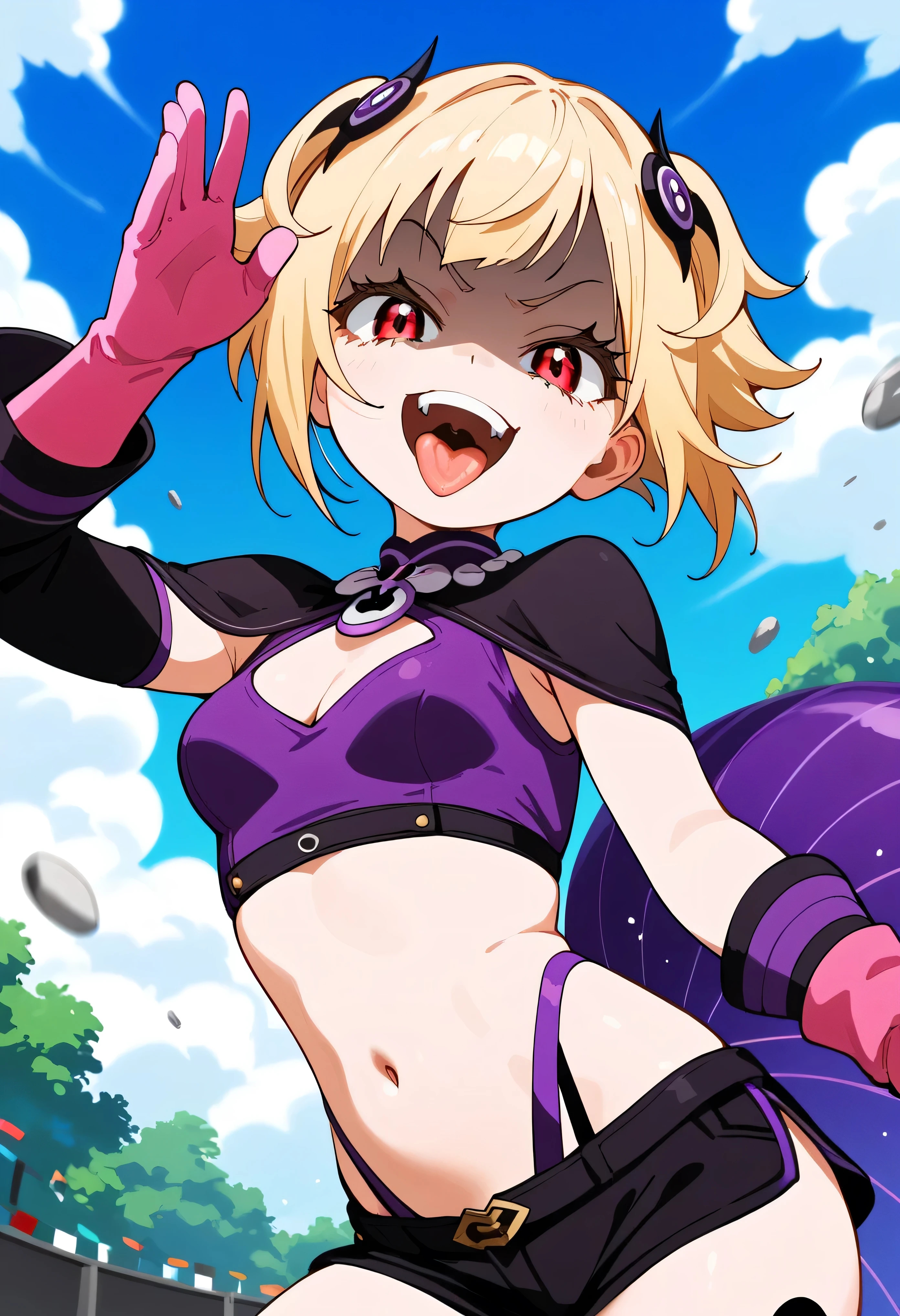 masterpiece, best quality, good quality, newest, CEL, AnFit, red eyes, blonde hair, purple crop top, 1girl, tongue out, black thighhighs, looking at viewer, purple gloves, cowboy shot, short shorts, black shorts, small breasts, highleg panties, hair ornament, , underwear, hand up, panty straps, smile, cleavage cutout, , open mouth, purple panties, two-tone , pink gloves, sidelocks, outline1girl, blonde hair,masterpiece , best quality, , lookin under, ,, smile, purple brassiere, from below,too evil laugh, small girl,small ,beautiful body,villain pose,short hair,shaded face(eyes in shadow),1girl,violence,attack,kick,evil darkness background,five fingers,