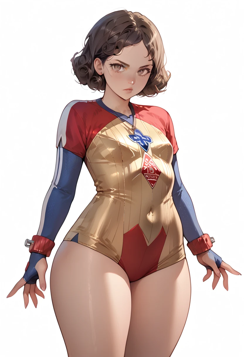 ((highres)), (Masterpiece), High quality, perfect anatomy, perfect lighting, beautiful, detailed face, detailed hands, ((1 girl)), ((solo)), short curly hair, brown hair, hazel eyes color, serious expression, blank background, standing in front of viewer, (small breast), (wide hips), (thick thighs), Y2K outfit, skater outfit.