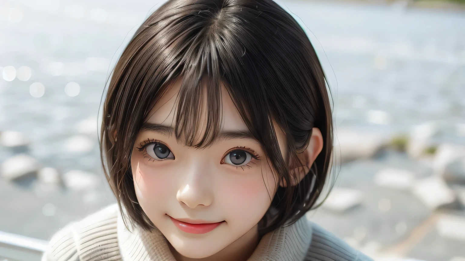 ((sfw: 1.4)), ((cute face,brown eye: 1.3), (detailed face: 1.3)), ((sfw, shoot from above, 1 Girl)), Ultra High Resolution, (Realistic: 1.4), RAW Photo, Best Quality, (Photorealistic Stick), Focus, Soft Light, (()), ((Japanese)), (( (young face))), (surface), (depth of field), masterpiece, (realistic), woman, bangs, ((1 girl))