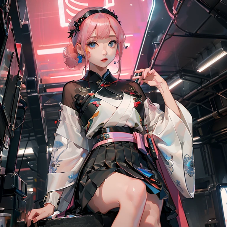 (( top quality )), ((傑 top quality 、masterpiece、High sensitivity、     High Definition    、   detailed description   、 delicate face )),  Slender Woman、Glass、   New Year、 Mini skirt kimono 、   cyberpunk、On clothes（myo）Character、 Hair Color Pink 、