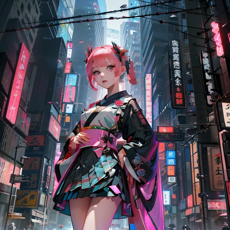 (( top quality )), ((傑 top quality 、masterpiece、High sensitivity、     High Definition    、   detailed description   、 delicate face )),  Slender Woman、Glass、   New Year、 Mini skirt kimono 、   cyberpunk、On clothes（myo）Character、 Hair Color Pink 、