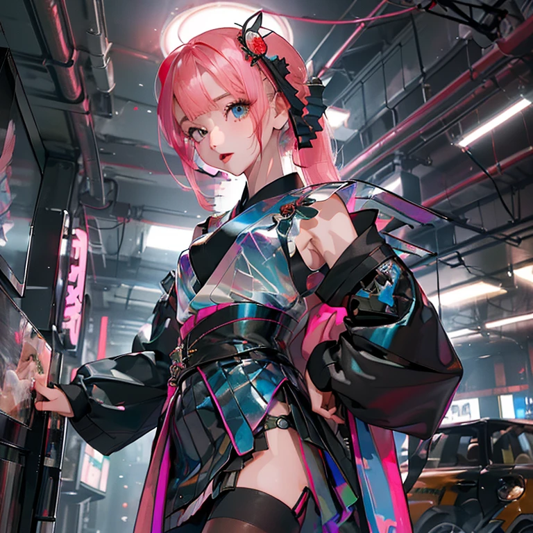 (( top quality )), ((傑 top quality 、masterpiece、High sensitivity、     High Definition    、   detailed description   、 delicate face )),  Slender Woman、Glass、   New Year、 Mini skirt kimono 、   cyberpunk、On clothes（myo）Character、 Hair Color Pink 、