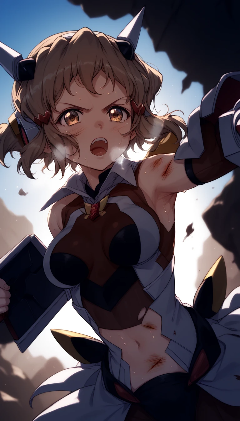  top quality ,   soft light during a cruise ,   super high res,   cute,  Beautiful face in every detail  , High resolution human skin texture details,  glowing skin,sweat,hot,  White Breath ,Take a deep breath,Hibiki Tachibana,Brown Hair,Just You  ,  Line Art, MONOCHROME ,  battle costume,Outdoor arena ,sunlight, Serious Eyes,Ready,   Symphogear  ,armed gear   ,  open your mouth , battle pose,Wounded Body,  hair accessory as Kamui ,   torn clothes  , short hair,,whole body