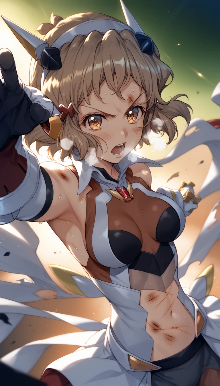  top quality ,   soft light during a cruise ,   super high res,   cute,  Beautiful face in every detail  , High resolution human skin texture details,  glowing skin,sweat,hot,  White Breath ,Take a deep breath,Hibiki Tachibana,Brown Hair,Just You  ,  Line Art, MONOCHROME ,  battle costume,Outdoor arena ,sunlight, Serious Eyes,Ready,   Symphogear  ,armed gear   ,  open your mouth , battle pose,Wounded Body,  hair accessory as Kamui ,   torn clothes  , short hair,,whole body