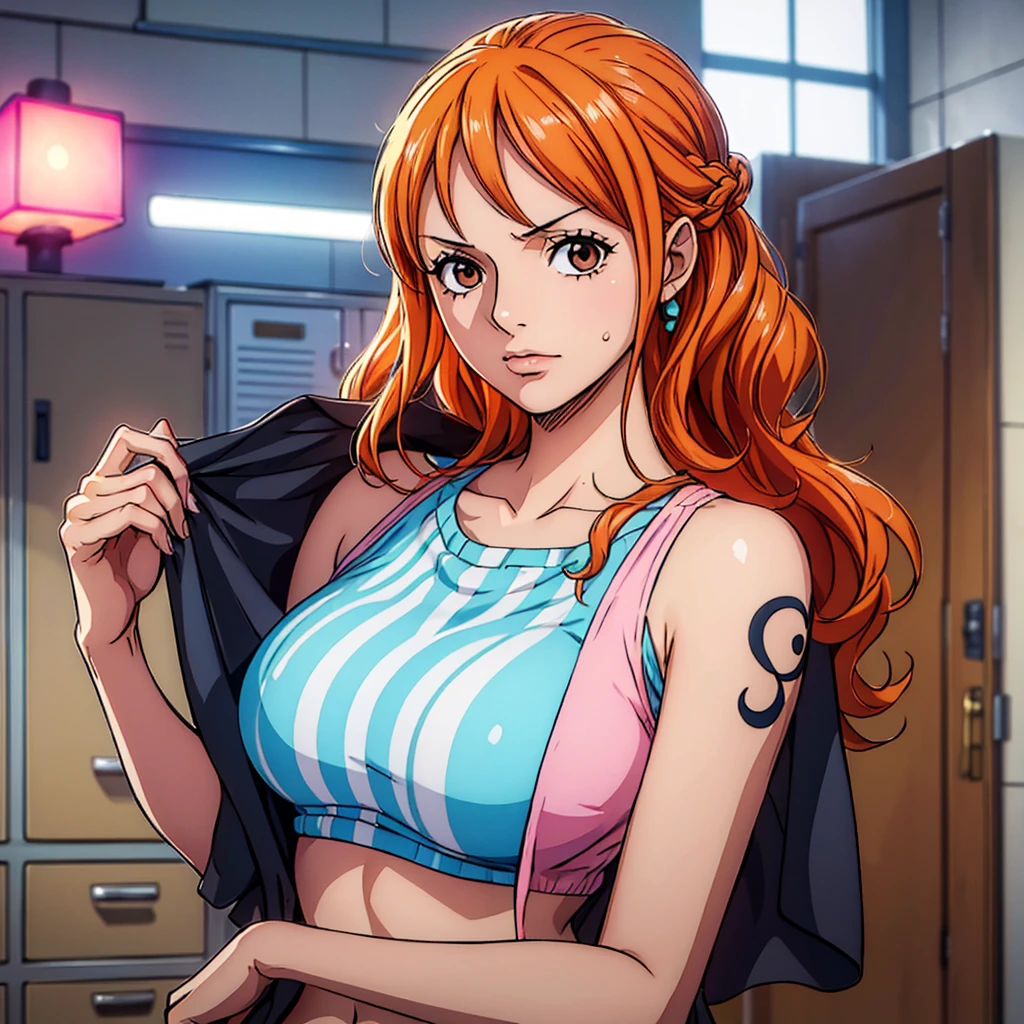 Gere uma imagem realista no estilo anime de Nami de One Piece. ( Madura) (corpo todo ) pose sexy, Capture seu visual distinto com o cabelo laranja , Long Launch , corpo todo, Athletic curvilinear, vestir