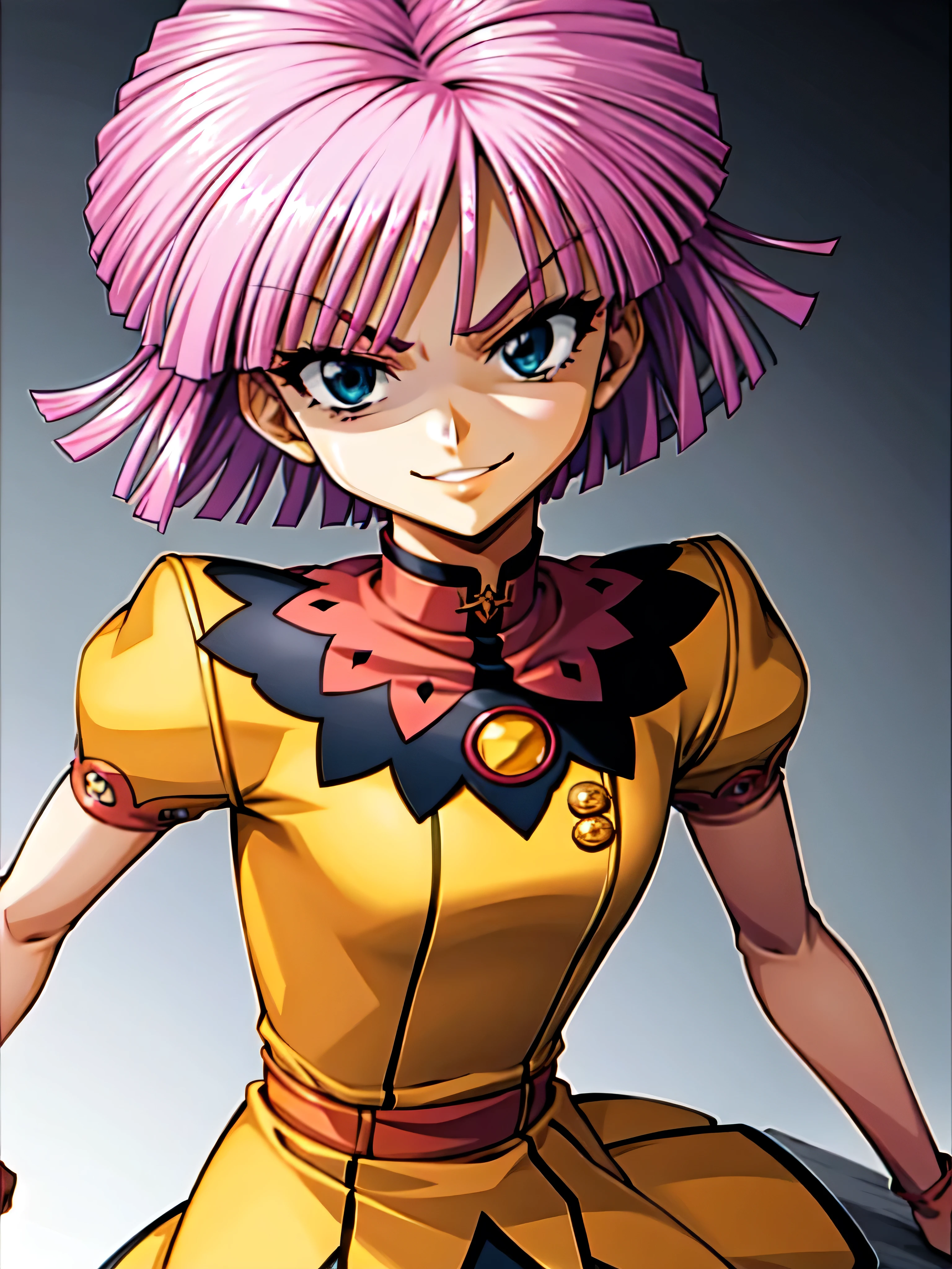 (best_quality 4K, 8K, High resolution, Masterpiece: 1.2), ultra detailed),from_below,(anime_screencap),(1girl,solo),dynamic_angle,very evil_smile,very evil laugh at,tis,shadeded_face,very sadistic,smile worst,,bob short hair,,black and pink background,