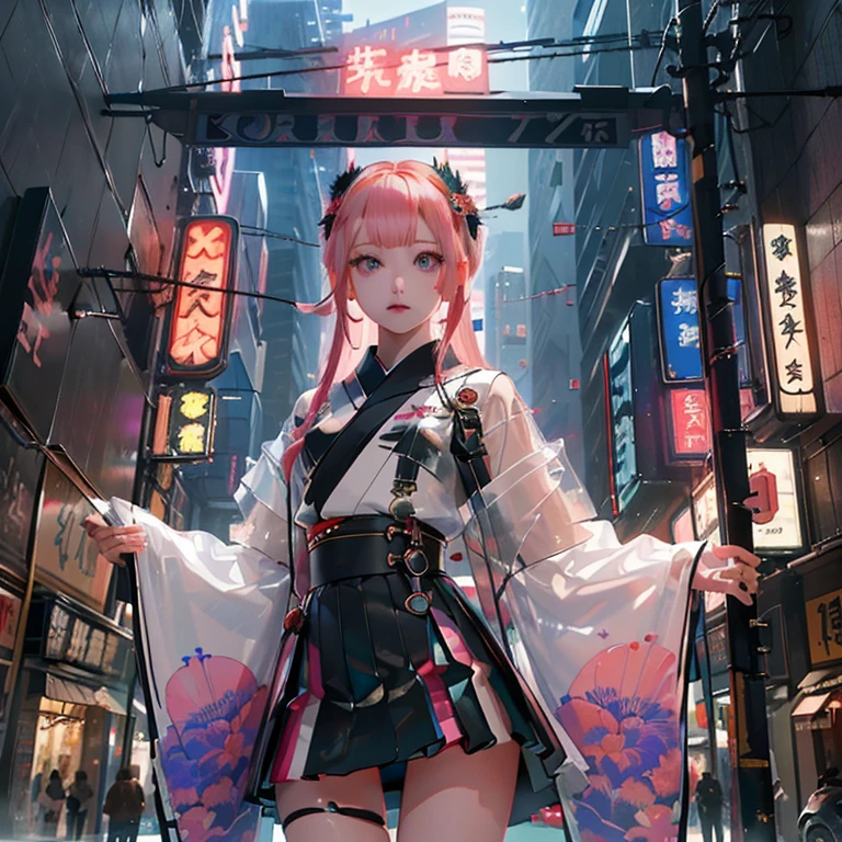 (( top quality )), ((傑 top quality 、masterpiece、High sensitivity、       High Definition     、    detailed description    、 delicate face )),   Slender Woman、Glass、   new year、 Mini skirt kimono 、    cyberpunk、on clothes（myo）  characters、 Hair Color: Pink 、On the sign（myo）Character