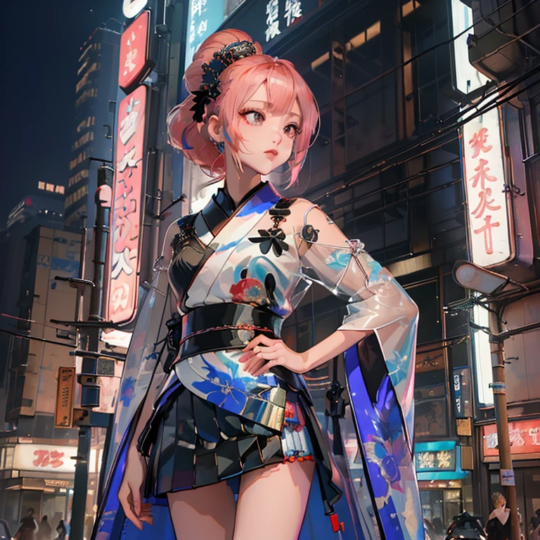 (( top quality )), ((傑 top quality 、masterpiece、High sensitivity、       High Definition     、    detailed description    、 delicate face )),   Slender Woman、Glass、   new year、 Mini skirt kimono 、    cyberpunk、on clothes（myo）  characters、 Hair Color: Pink 、On the sign（myo）Character