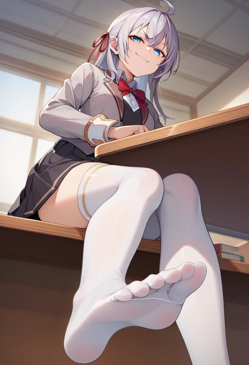 score_9, score_8_up, score_7_up, source_anime, 1girl, alya, grey hair, long hair, ahoge, hair ribbon, blue eyes, school uniform, bowtie, black skirt, white thighhighs, sitting, on table, foot focus, smug face, looking at viewer, from below, classroom 