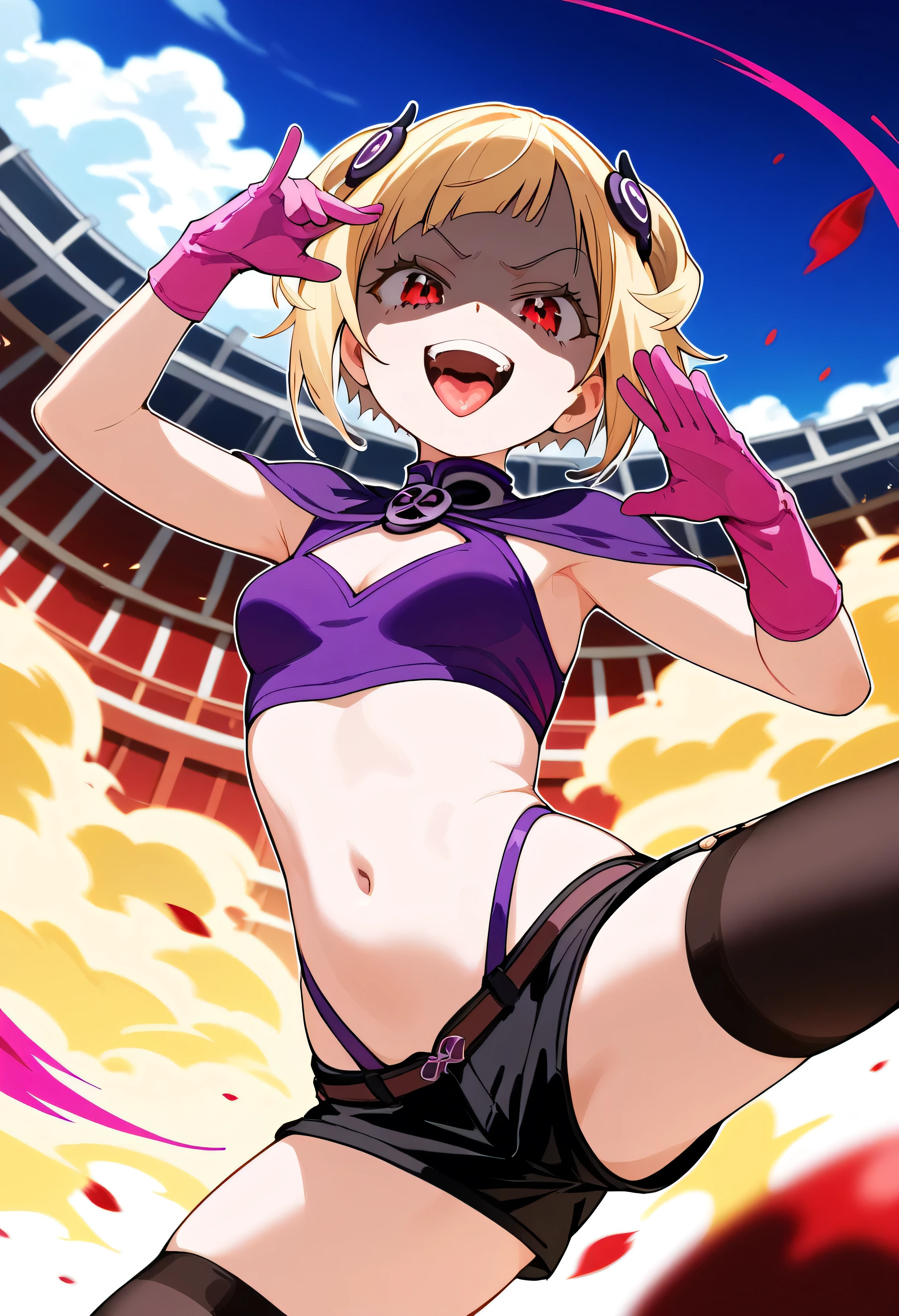 masterpiece, best quality, good quality, newest, CEL, AnFit, red eyes, blonde hair, purple crop top, 1girl, tongue out, black thighhighs, looking at viewer, purple gloves, cowboy shot, short shorts, black shorts, small breasts, highleg panties, hair ornament, , underwear, hand up, panty straps, smile, cleavage cutout, , open mouth, purple panties, two-tone , pink gloves, sidelocks, outline1girl, blonde hair,masterpiece , best quality, , lookin under, ,, smile, purple brassiere, from below,too evil laugh, ,small loliul body,villain pose,short hair,shaded face(eyes in shadow),1girl,violence,attack,kick,evil darkness background,five fingers,