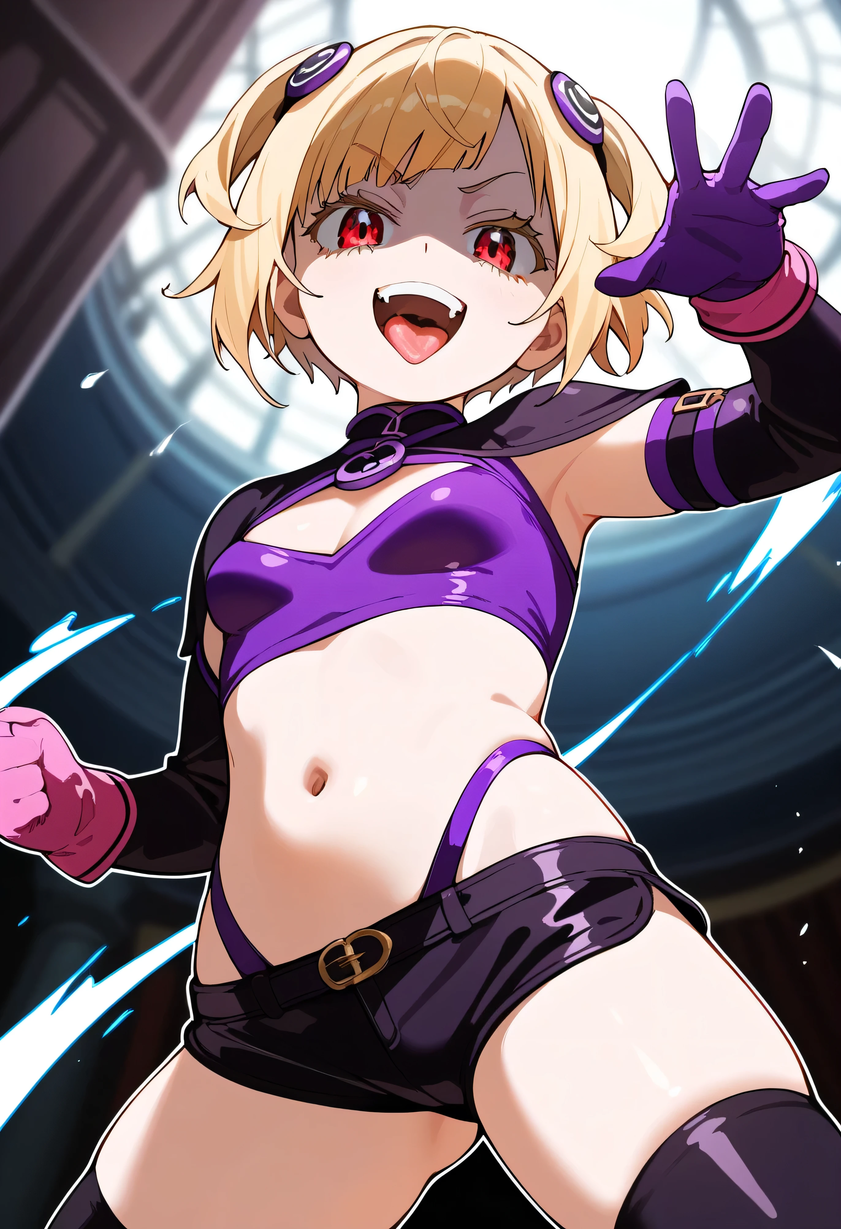 masterpiece, best quality, good quality, newest, CEL, AnFit, red eyes, blonde hair, purple crop top, 1girl, tongue out, black thighhighs, looking at viewer, purple gloves, cowboy shot, short shorts, latex shorts, small breasts, highleg panties, hair ornament, , underwear, hand up, panty straps, smile, cleavage cutout, , open mouth, purple panties, two-tone , pink gloves, sidelocks, outline1girl, blonde hair,masterpiece , best quality, , lookin under, ,, smile, purple brassiere, from below,too evil laugh, ,small loliul body,villain pose,short hair,shaded face(eyes in shadow),1girl,violence,attack,kick,evil darkness background,five fingers,