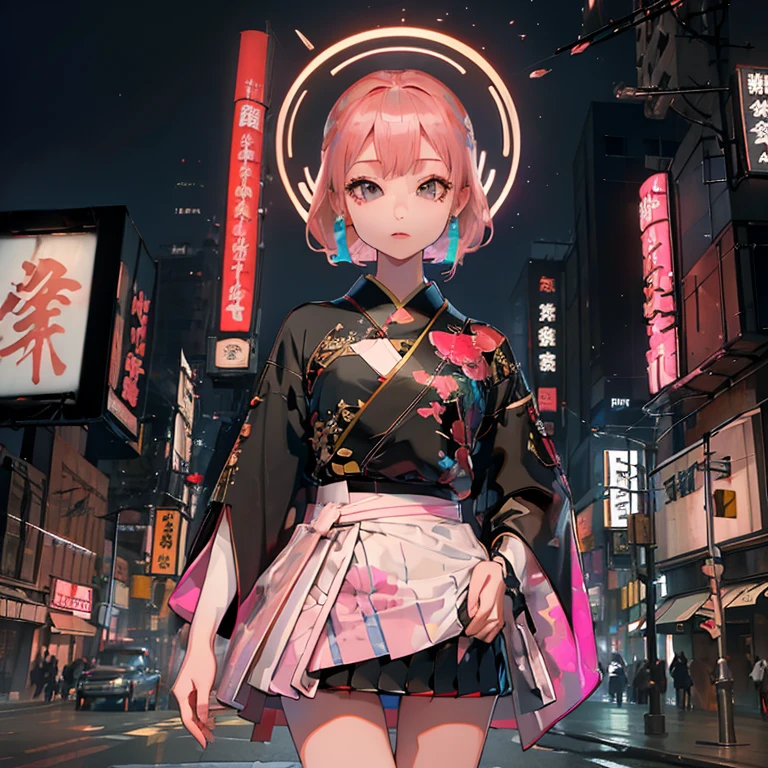 (( top quality )), ((傑 top quality 、masterpiece、High sensitivity、       High Definition     、    detailed description    、 delicate face )),   Slender Woman、Glass、   new year、 Mini skirt kimono 、    cyberpunk、on clothes（myo）  characters、 Hair Color: Pink 、On the sign（myo）Character