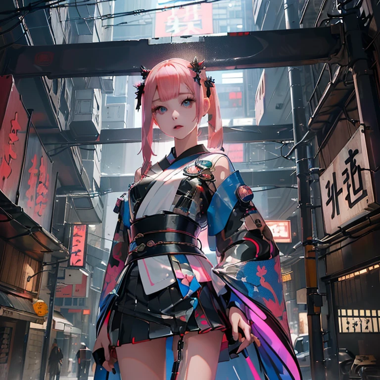 (( top quality )), ((傑 top quality 、masterpiece、High sensitivity、       High Definition     、    detailed description    、 delicate face )),   Slender Woman、Glass、   new year、 Mini skirt kimono 、    cyberpunk、on clothes（myo）  characters、 Hair Color: Pink 、On the sign（myo）Character