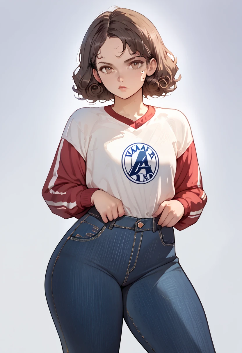 ((highres)), (Masterpiece), High quality, perfect anatomy, perfect lighting, beautiful, detailed face, detailed hands, ((1 girl)), ((solo)), short curly hair, brown hair, hazel eyes color, serious expression, blank background, standing in front of viewer, (small breast), (wide hips), (thick thighs), skater outfit, black jeans