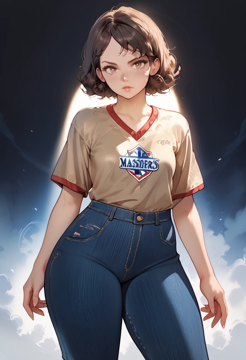 ((highres)), (Masterpiece), High quality, perfect anatomy, perfect lighting, beautiful, detailed face, detailed hands, ((1 girl)), ((solo)), short curly hair, brown hair, hazel eyes color, serious expression, blank background, standing in front of viewer, (small breast), (wide hips), (thick thighs), skater outfit, black jeans