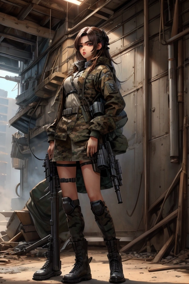 masterpiece, best quality, high resolution, rich details, 8k, extreme light and shadow, image of a beautiful young girl wearing tactical gear, holding a AK47 with two hand, walking down a desolated street in a collapsed city, post apocalypse, smoke and fog in the air, yellow gray sky covered with toxic cloud, collapsed building, broken street, tall body, detailed face, detailed eye, cold face, dirty, (post apocalypse theme),(