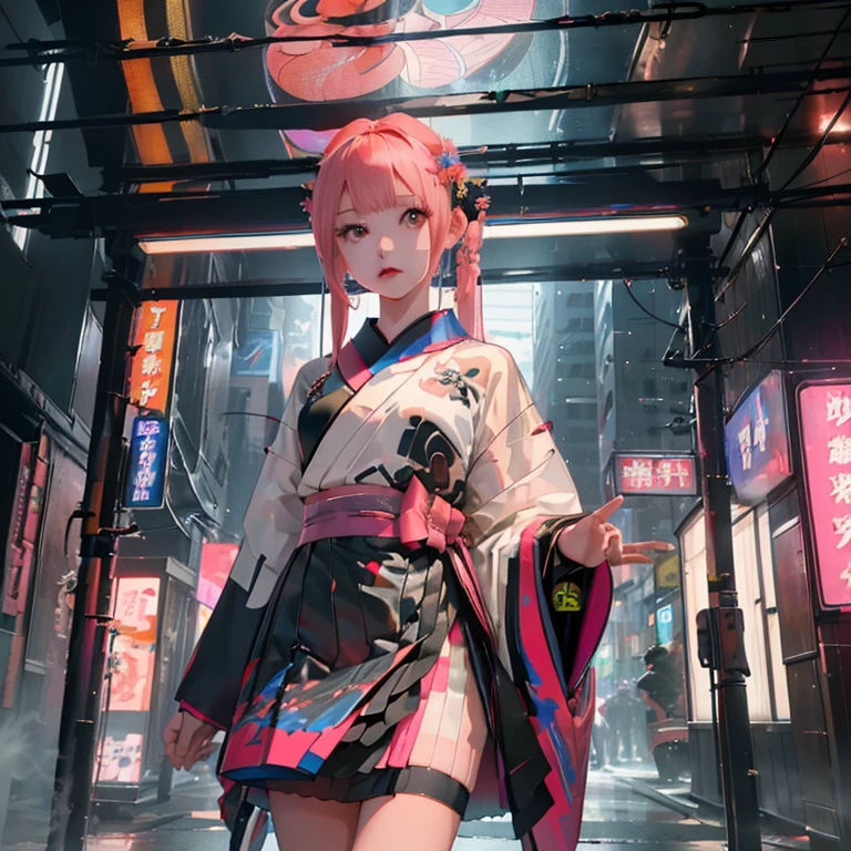 (( top quality )), ((傑 top quality 、masterpiece、High sensitivity、         High Definition      、     detailed description     、 delicate face )),    Slender Woman、Glass、   new year、 Mini skirt kimono 、     cyberpunk、on clothes（myo）  character、 Hair color:  pink 、 sign （myo）