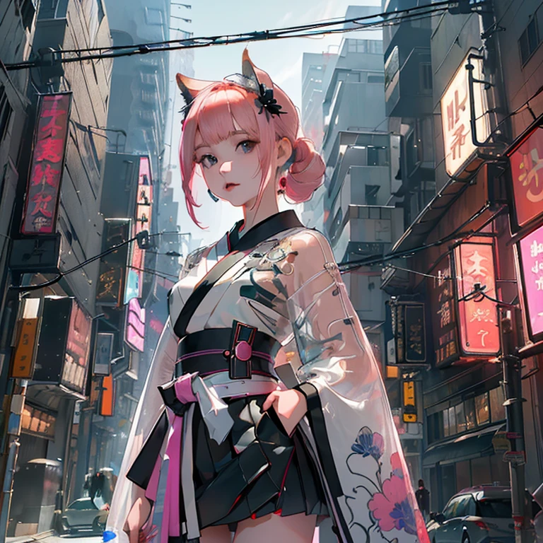 (( top quality )), ((傑 top quality 、masterpiece、High sensitivity、         High Definition      、     detailed description     、 delicate face )),    Slender Woman、Glass、   new year、 Mini skirt kimono 、     cyberpunk、on clothes（myo）  character、 Hair color:  pink 、 sign （myo）